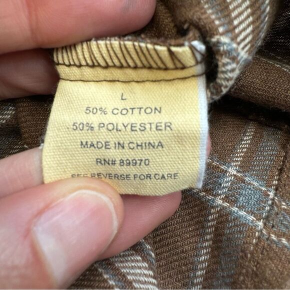 Love Notes Women's Cropped Mixed Patchwork Flannel Shirt L LG Large Brown Grey - Picture 10 of 13